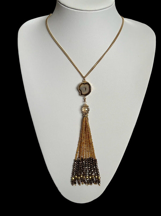 Vintage Gold Plated Natural Geode Long Length Beaded Necklace