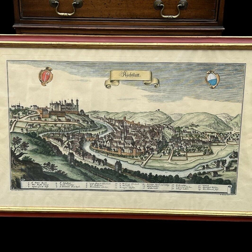 Antique Coloured Engraving By Conrad Buno Delineaut Of German Towns