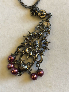 Vintage Purple Diamanté Faux Pearl Drop Necklace
