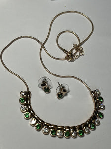 Vintage Gold Tone Green Clear Diamanté Necklace Earring Set