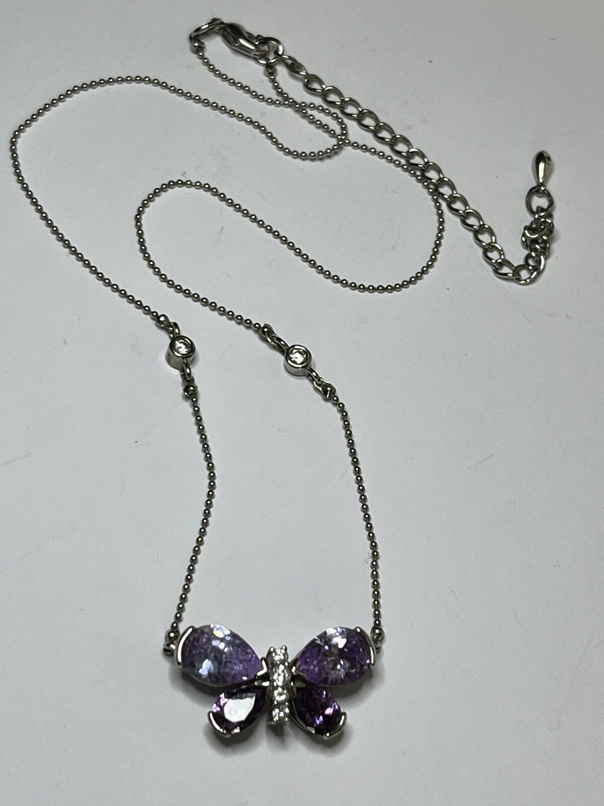 Vintage Rhodium Plated Purple Crystal Diamanté Butterfly Necklace