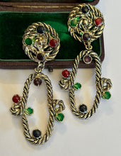 Vintage Silver Tone Statement Red Green Black Enamel Drop Earrings