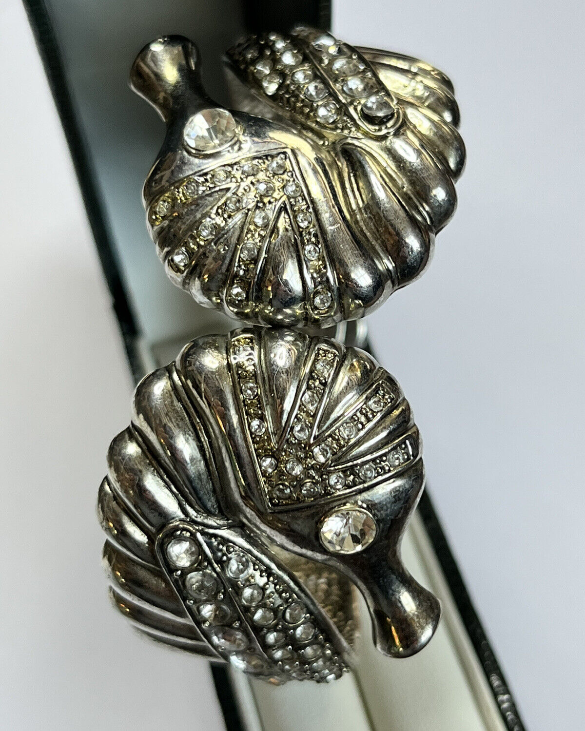 Vintage Silver Tone Seahorses Statement Hinged Cuff Bracelet