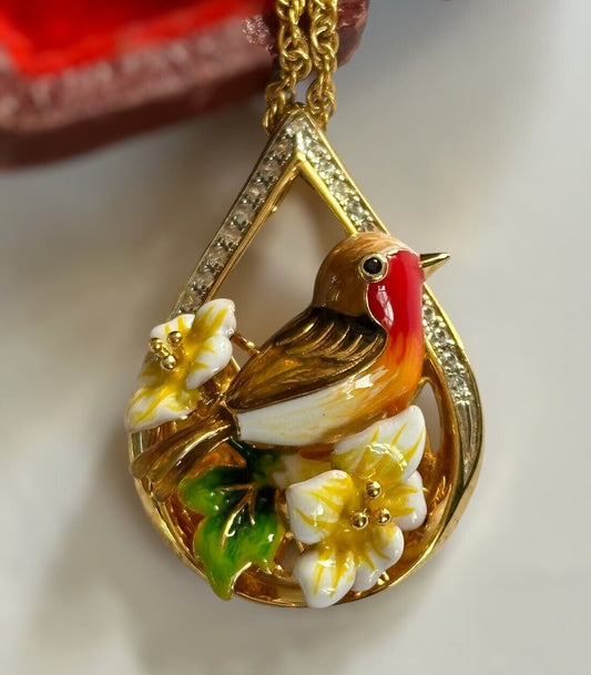 Vintage Gold Tone Enamel Robin Messenger From Heaven Pendant Necklace