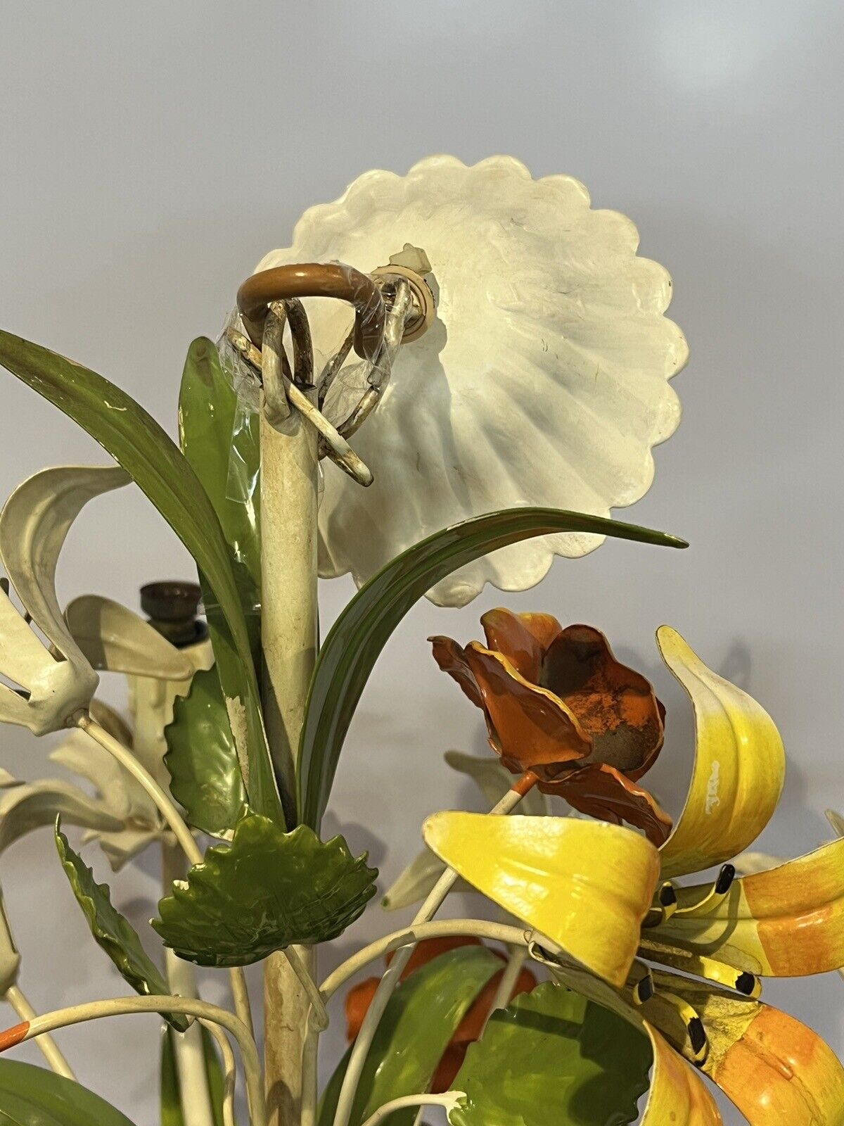 Original Mid Century Italian Toleware Metal Painted Flowers Chandelier