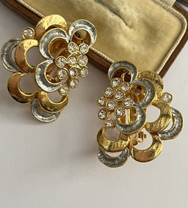 Vintage Gold Silver Tone Diamanté Cut Out Clip on Earrings