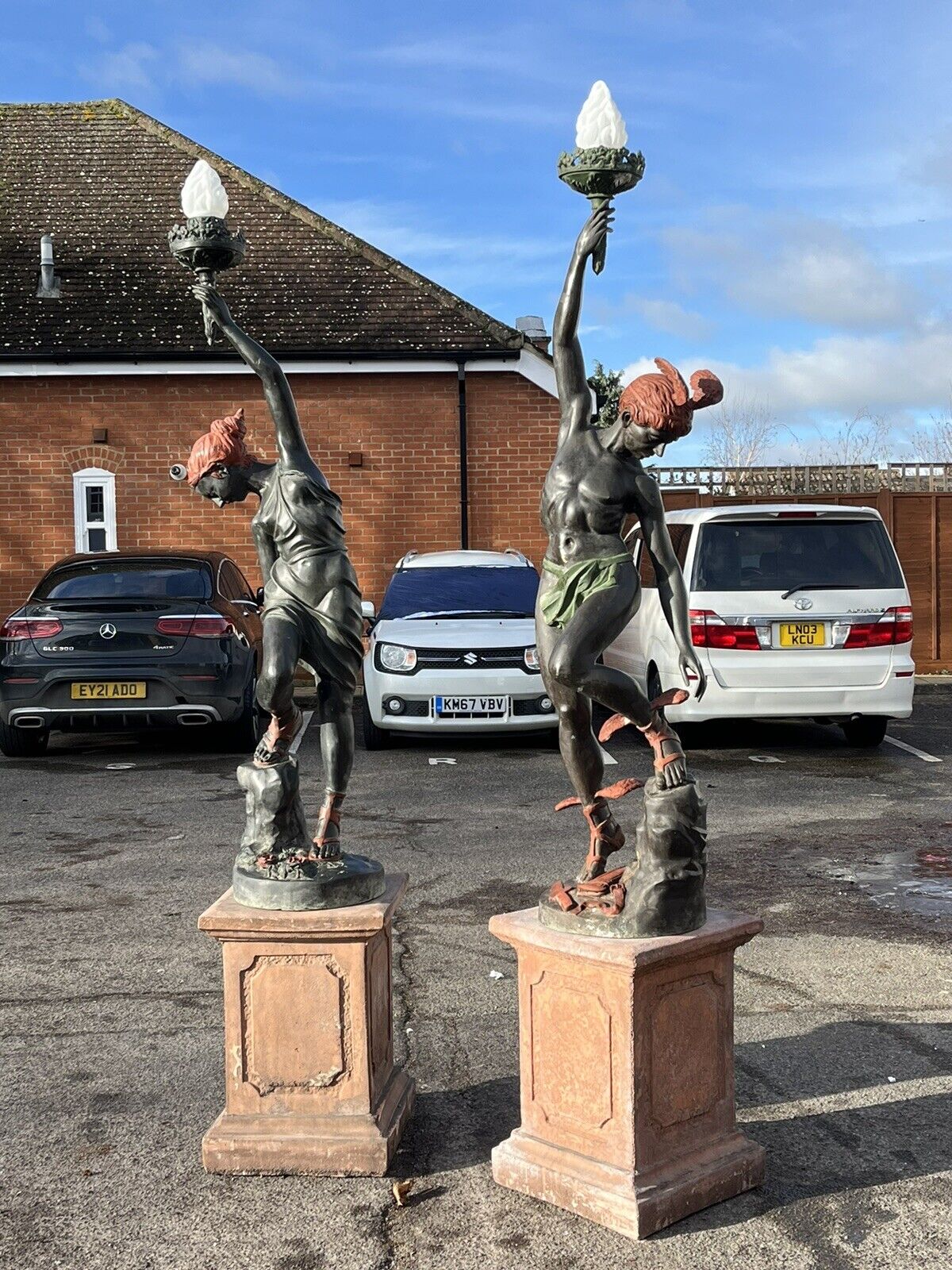 Bronze Garden Statues On Bases. 262 Cms Tall.