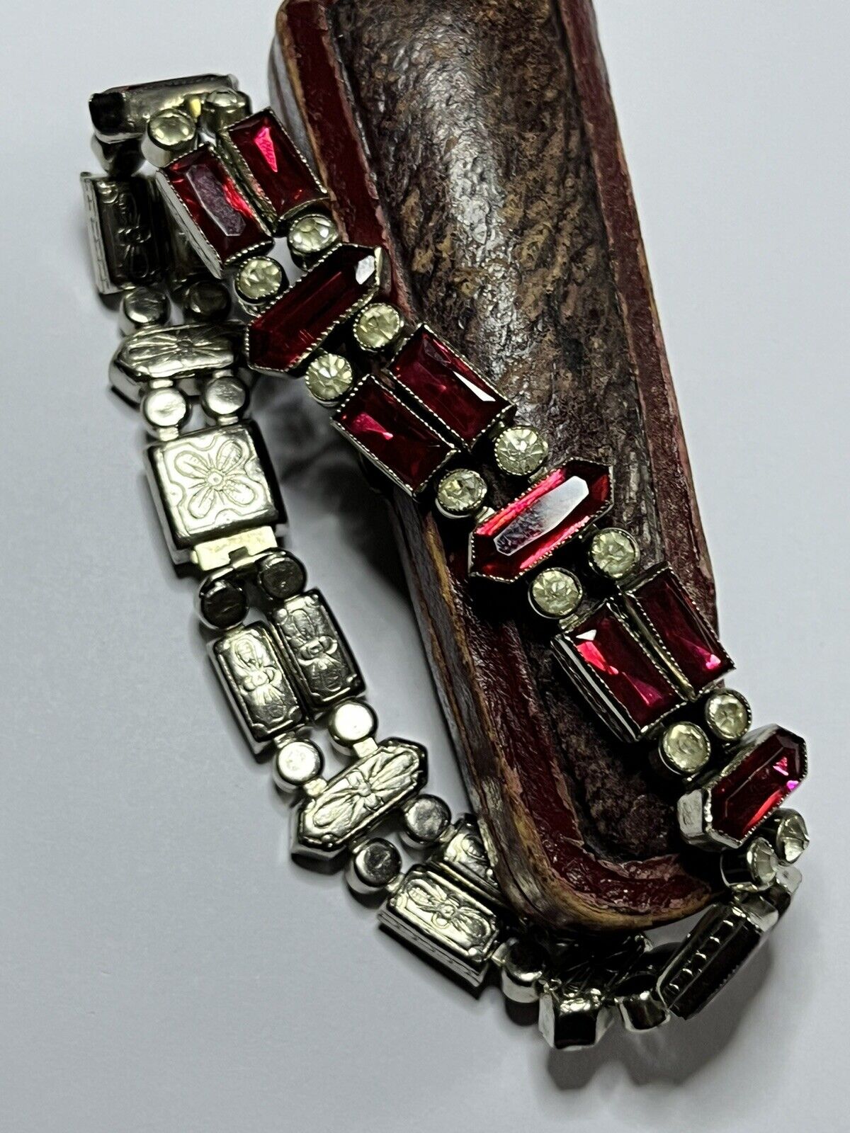 Antique Victorian/Edwardian Red Clear Paste Detailed Metalwork Bracelet
