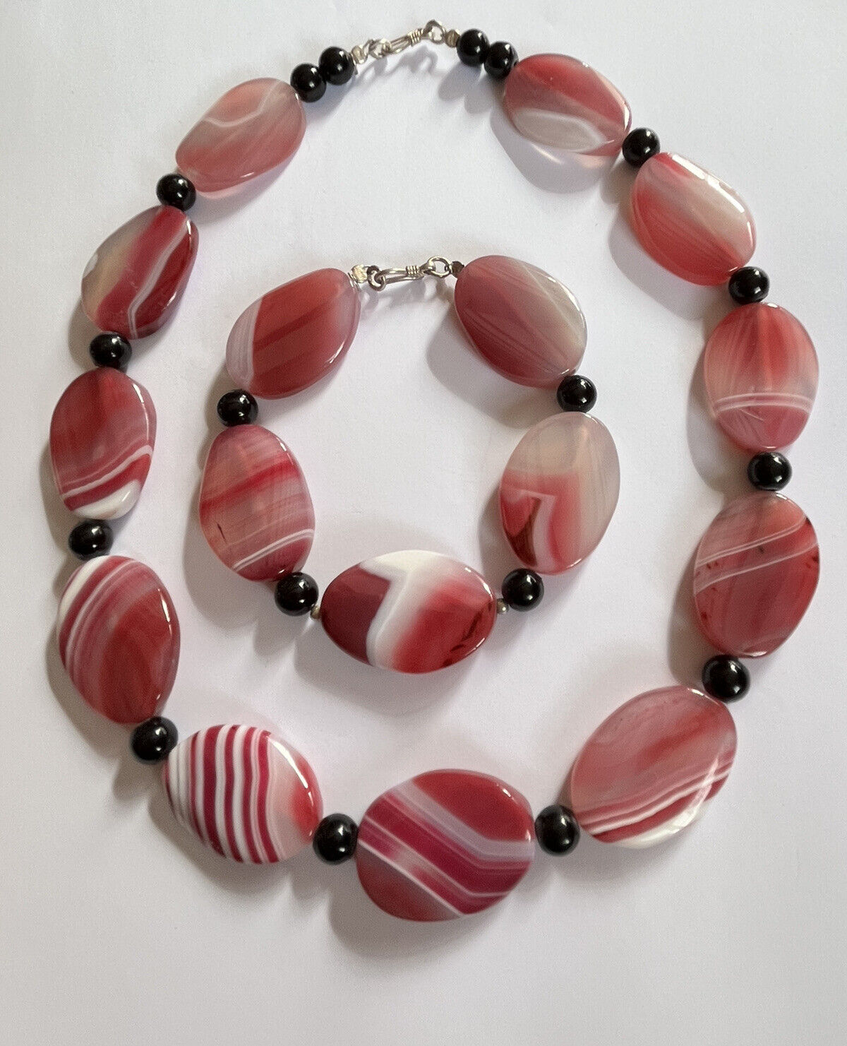 Vintage Pink Agate Stone Necklace Bracelet Set Statement Pieces
