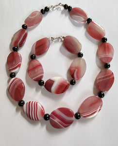 Vintage Pink Agate Stone Necklace Bracelet Set Statement Pieces