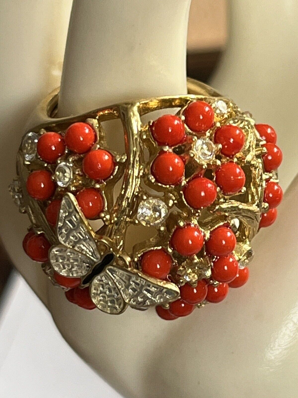 Vintage Gold Tone Orange Bead Diamanté Butterfly Statement Ring