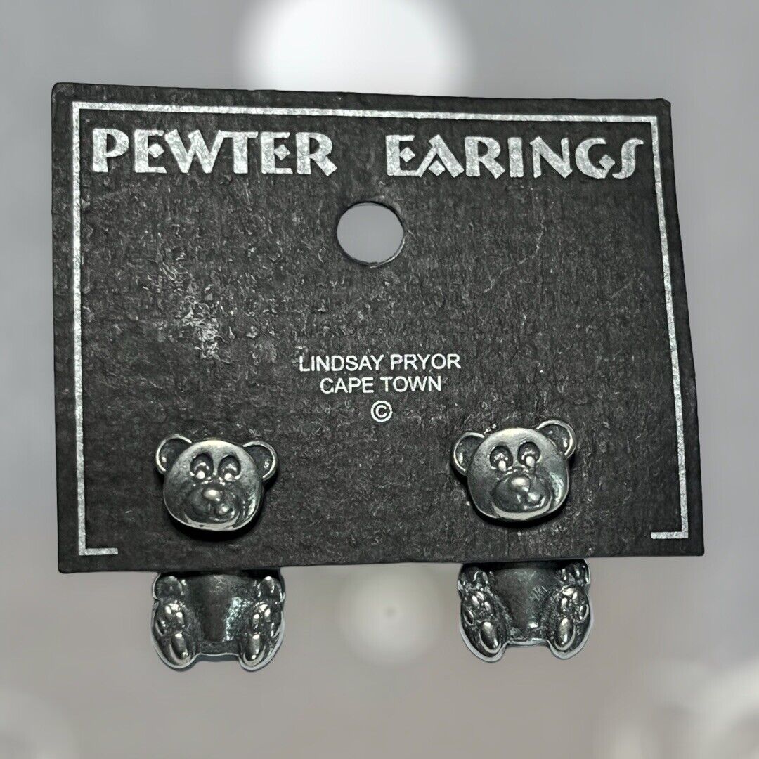 Vintage Pewter Teddy Bear Back Front Pierced Earrings