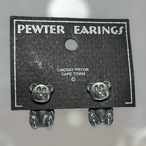 Vintage Pewter Teddy Bear Back Front Pierced Earrings