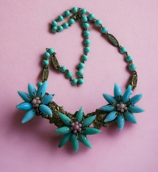 Vintage Czech Old Glass Flowers Beads On Metal Necklace