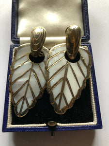 Vintage Gold Tone Mother Of Pearl Leaf Drop Pierced Earrings