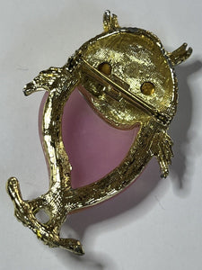 Vintage Gold Tone Pink Red Statement Owl Brooch