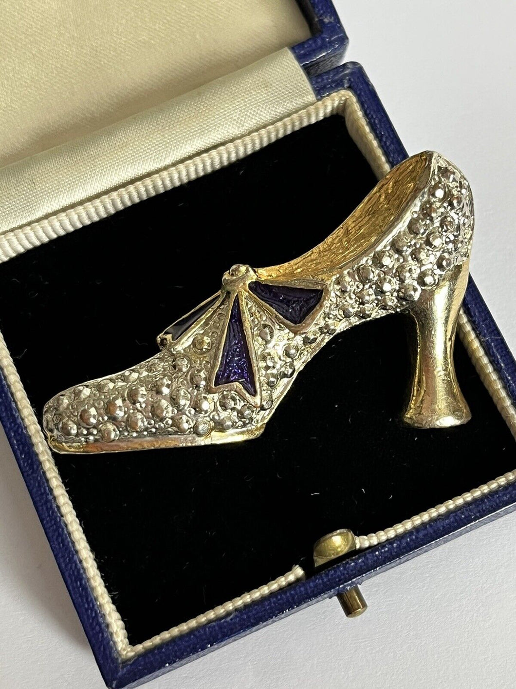 Vintage Gold Silver Tone Blue Enamel Shoe Brooch