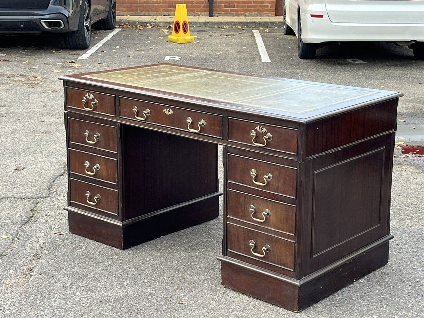 Pedestal Desk With Green Leather Top.