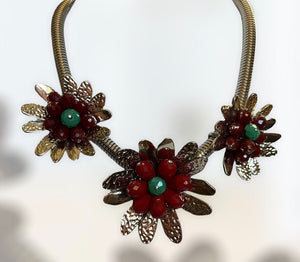 Vintage Statement 1980s Gold Tone Red Flowers Necklace