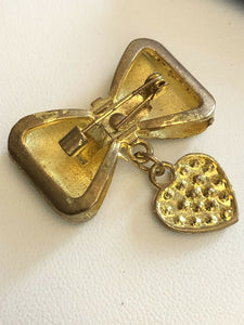 Vintage Gold Tone Diamanté Bow Heart Dangle Brooch
