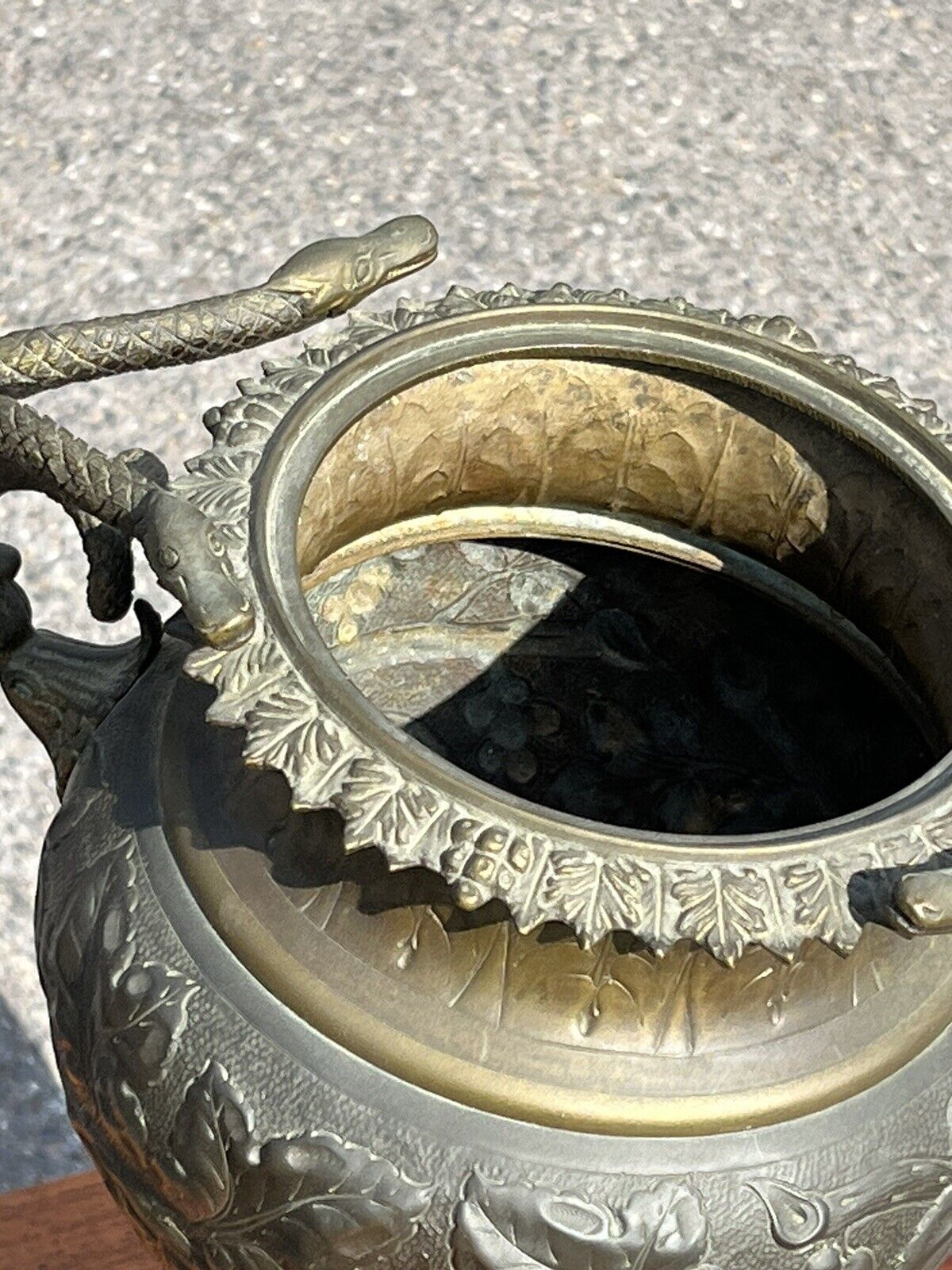 Large Victorian Urn Decorated With Vine Leaves & Grapes With Snake Handles.