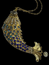 Vintage Gold Tone Blue Diamanté Fish Statement Pendant Necklace