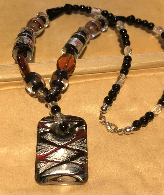 Vintage 1980s Glass Silver Black Statement Beaded Necklace