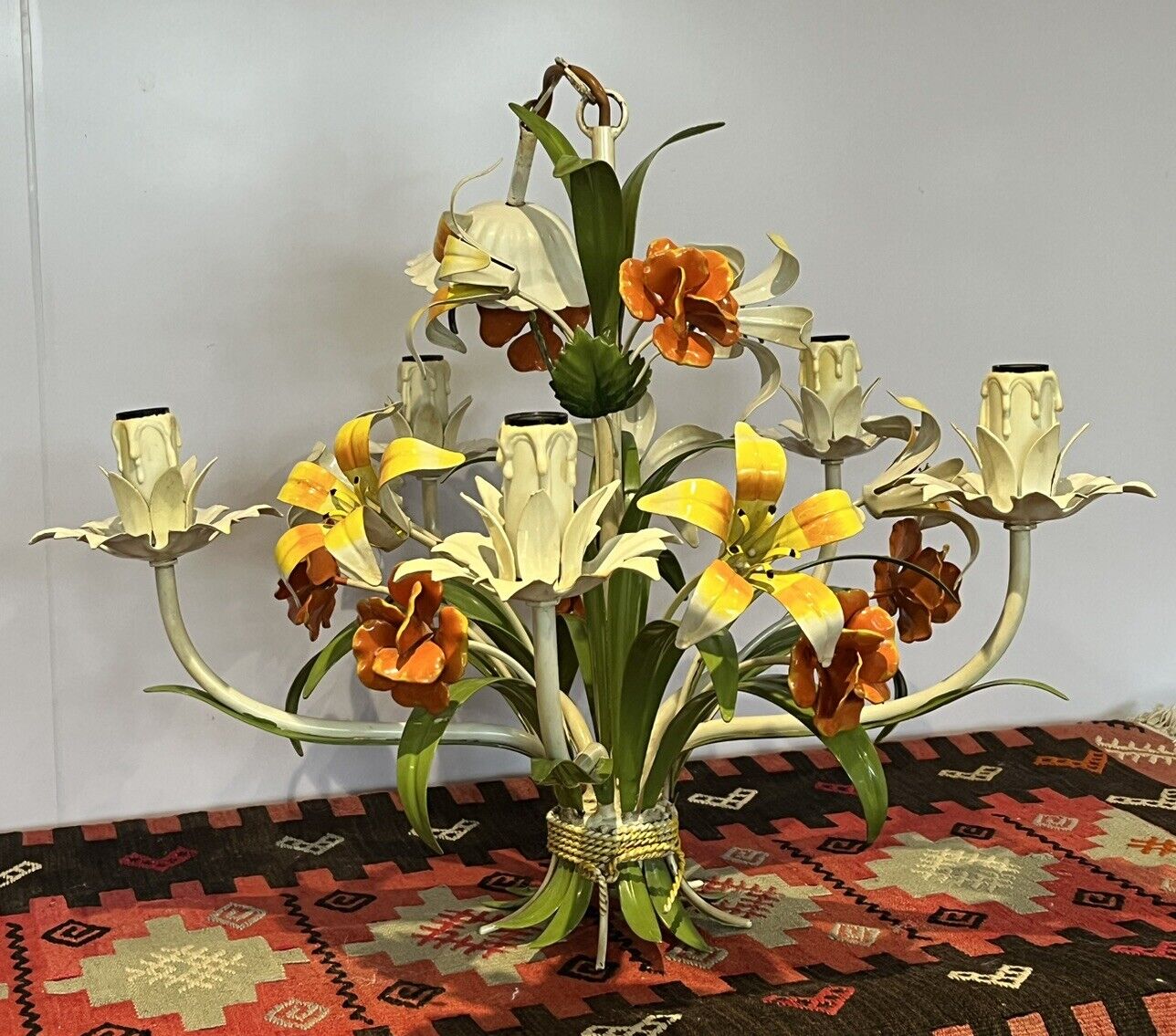 Original Mid Century Italian Toleware Metal Painted Flowers Chandelier