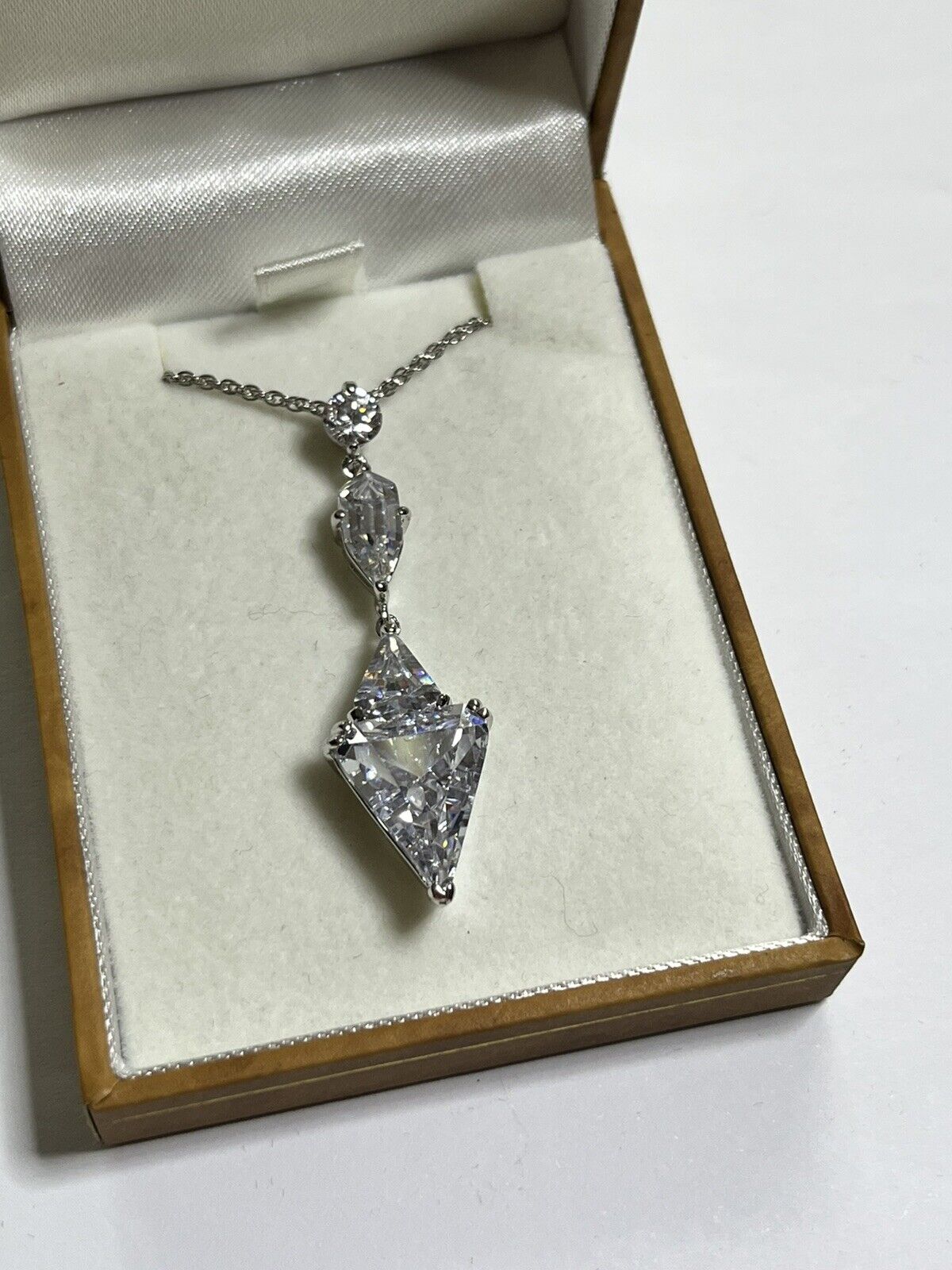 Vintage 1980s Rhodium Plated Clear Crystal Drop Necklace Boxed