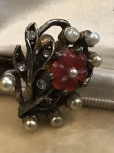 Vintage Paste Faux Pearl Diamanté Red Lucite Screwback Earrings
