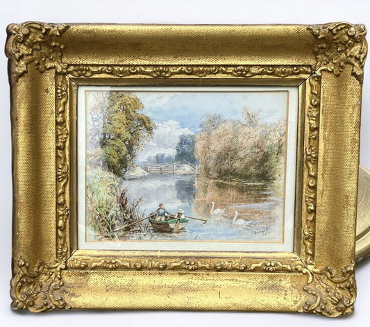 Victorian Gold Gilt Framed Watercolour By J W Lewis 1901 “Boating”
