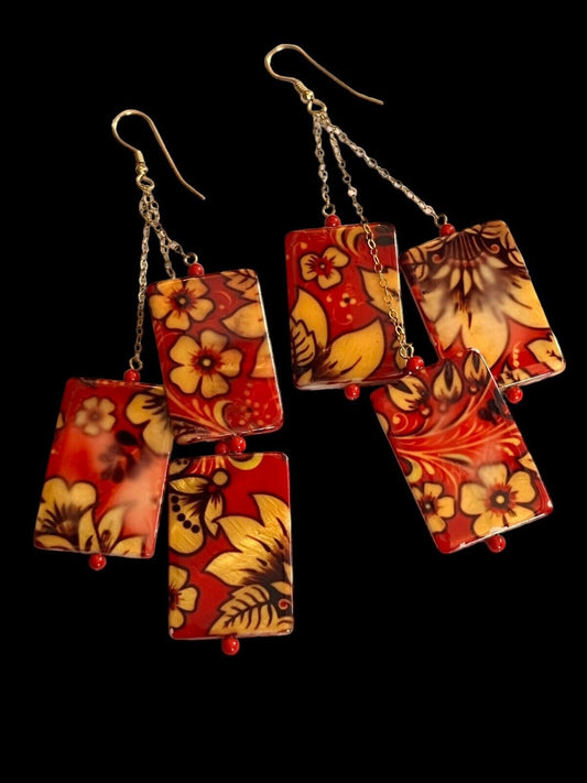 Vintage Long Drop Red Yellow Flowers Earrings