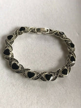 Vintage Silver Tone Black Enamel Hearts Bracelet