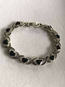 Vintage Silver Tone Black Enamel Hearts Bracelet
