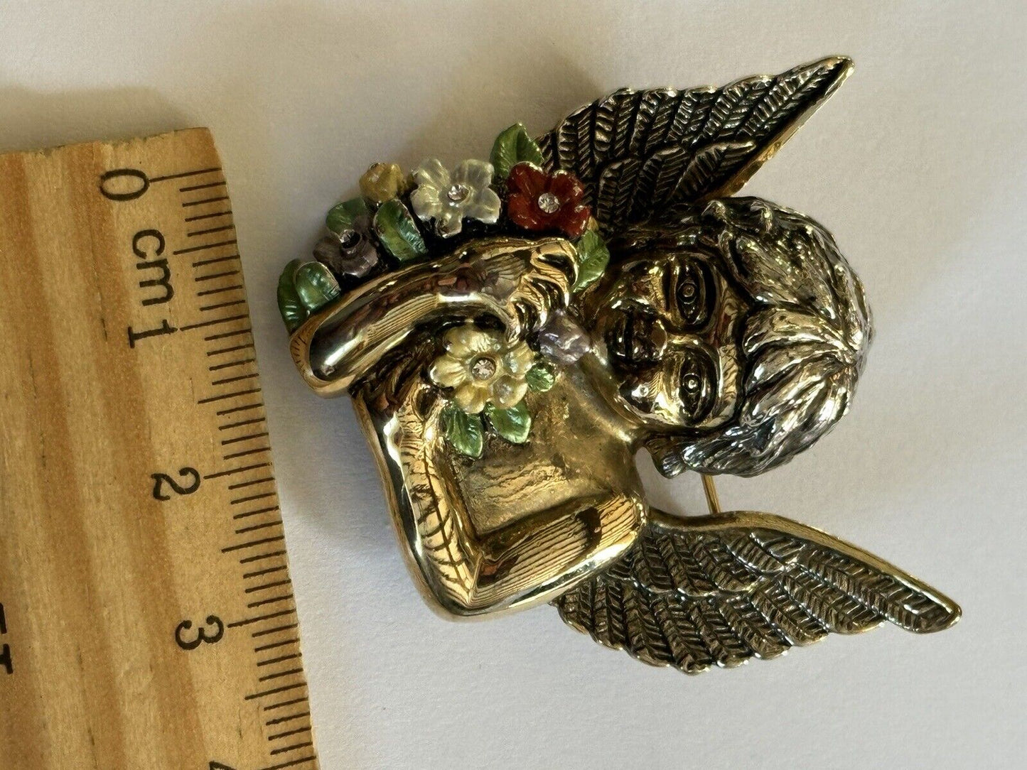 Vintage Gold Plated Enamel Cherub Flowers Brooch