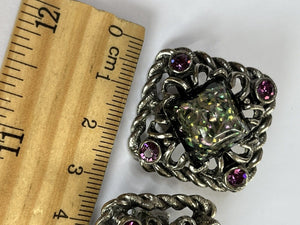 Vintage Confetti Lucite Purple Paste Necklace Clip On Earring Set