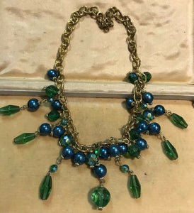 Vintage Gold Tone Chain Green Beaded Necklace
