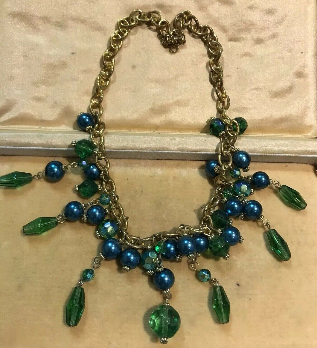 Vintage Gold Tone Chain Green Beaded Necklace
