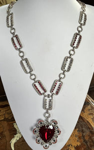 Vintage Statement Runway Red Clear Diamanté Heart On Chain Necklace