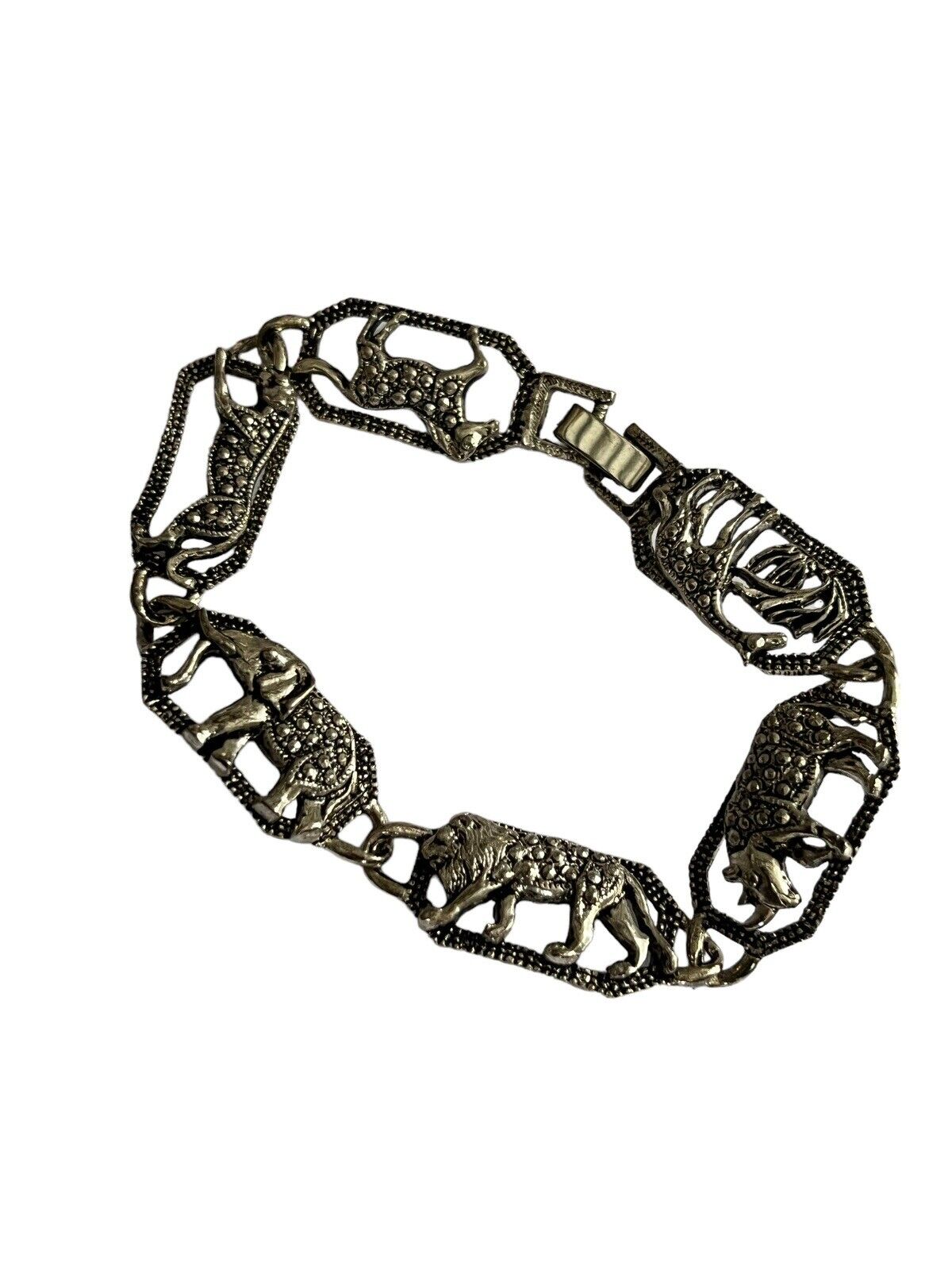 Vintage Silver Tone Marcasite Animals Elephant Lion Leopard Bracelet