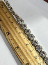 Vintage Rhodium Plated Purple Clear Diamanté Flowers Bracelet New Old Stock