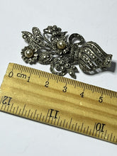 Vintage Silver Tone Marcasite Faux Pearl Flower In Vase Brooch