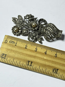 Vintage Silver Tone Marcasite Faux Pearl Flower In Vase Brooch