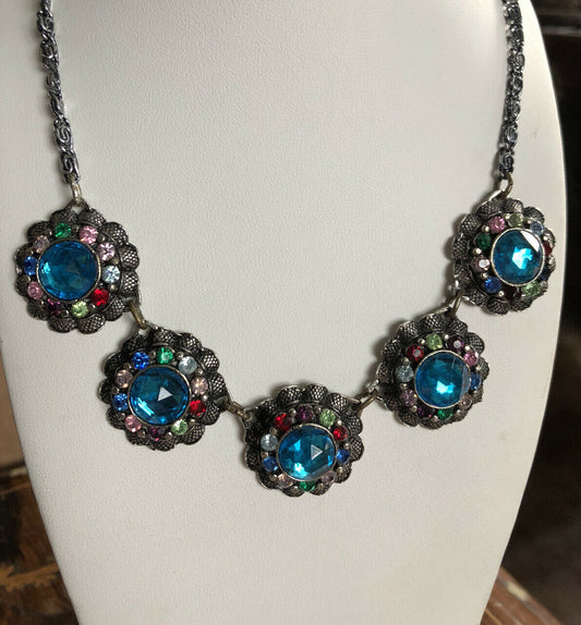 Vintage Silver Tone Multicoloured Necklace