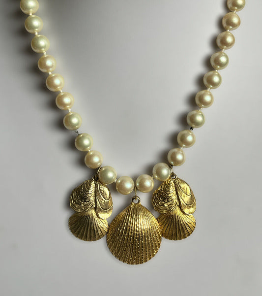 Vintage Faux Pearl Gold Plated Shell Drop Necklace