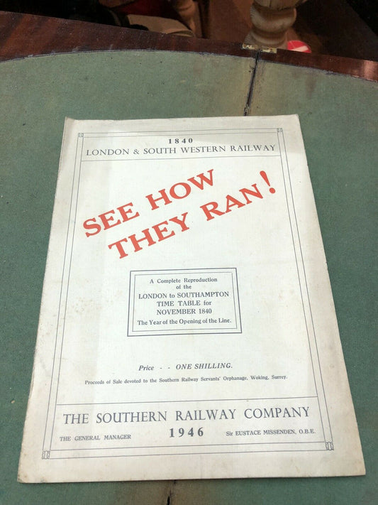 1946 London & South Western Railway Timetable For London-Southampton 1840