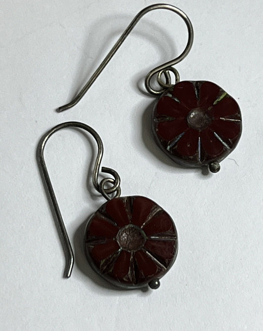 Vintage Silver 925 Carved Red Coral Flowers Dangle Earrings