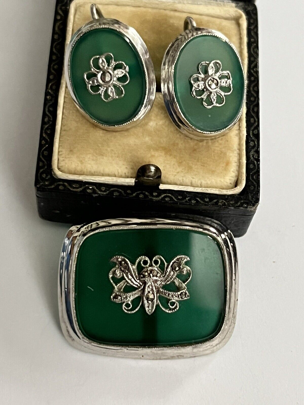 Vintage Silver 925 Green Onyx Marcasite Brooch And Screwback Earring Set