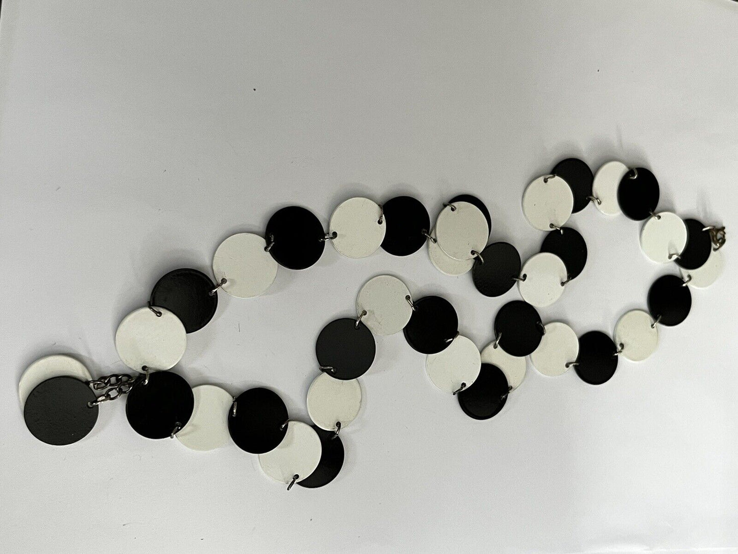 Vintage Black And White Metal Discs Long Length Necklace