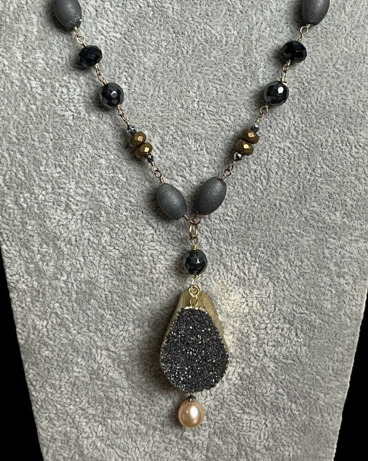 Vintage Gold Tone Natural Stone Long Length Beaded Necklace